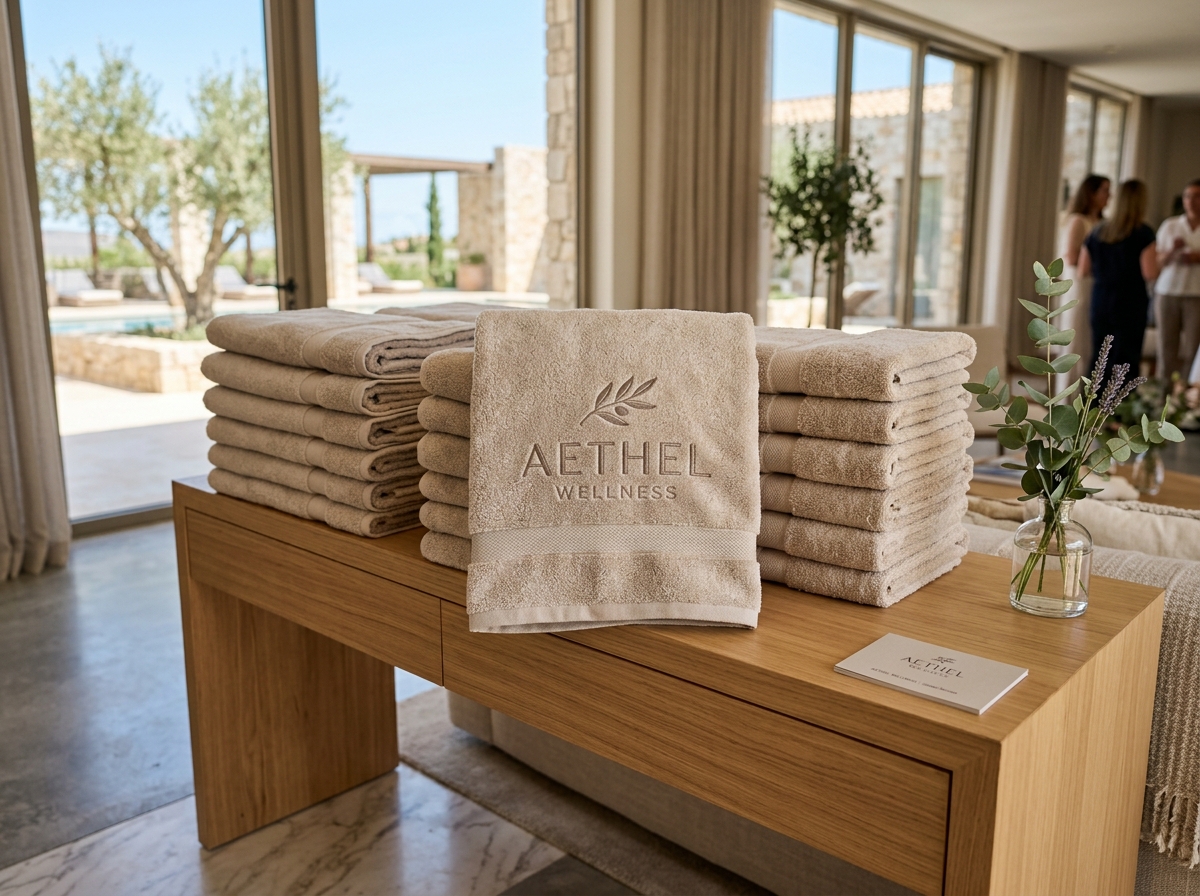 albornoces, toallas y complementos de baño personalizados, perfectamente doblados o colocados de forma sofisticada, con bordados visibles de nombres, iniciales, logotipos o detalles del evento en hilo fino y elegante